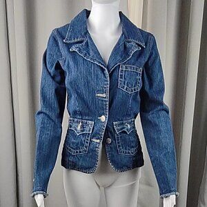 True Religion Jackie Blue Denim Jean Jacket With Raw Hem Sleeves Size Small